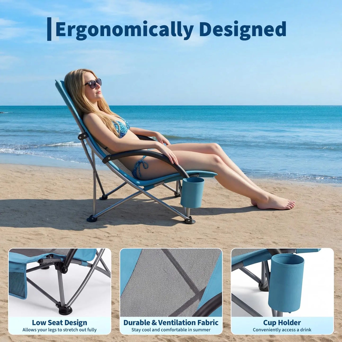 HiMISS High Back Beach Chair Folding With Cup Holder