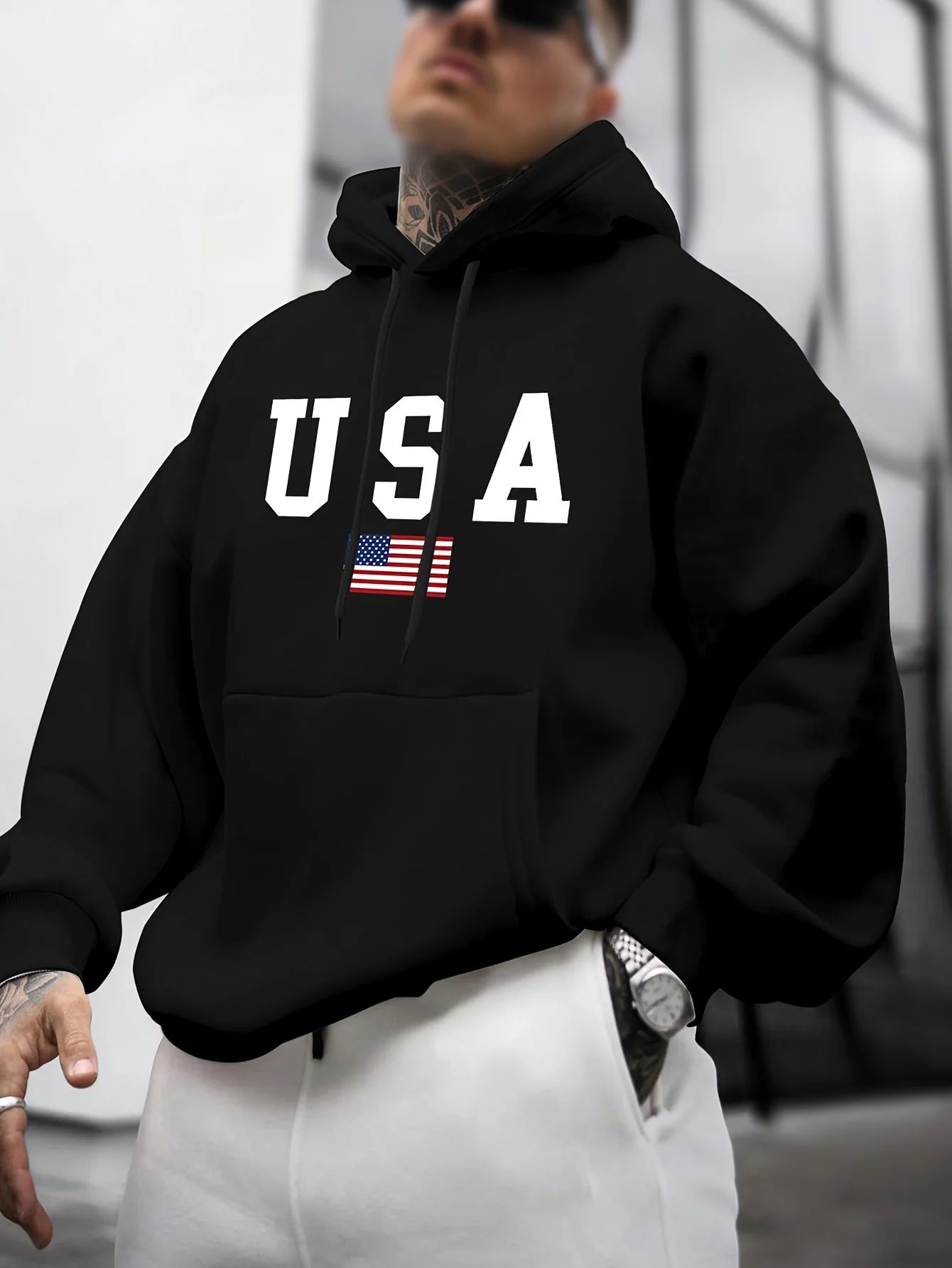 USA Flag Print Men's Long Sleeve Hooded Sweatshirt, Trendy Pullover Hoodie With Kangaroo Pocket