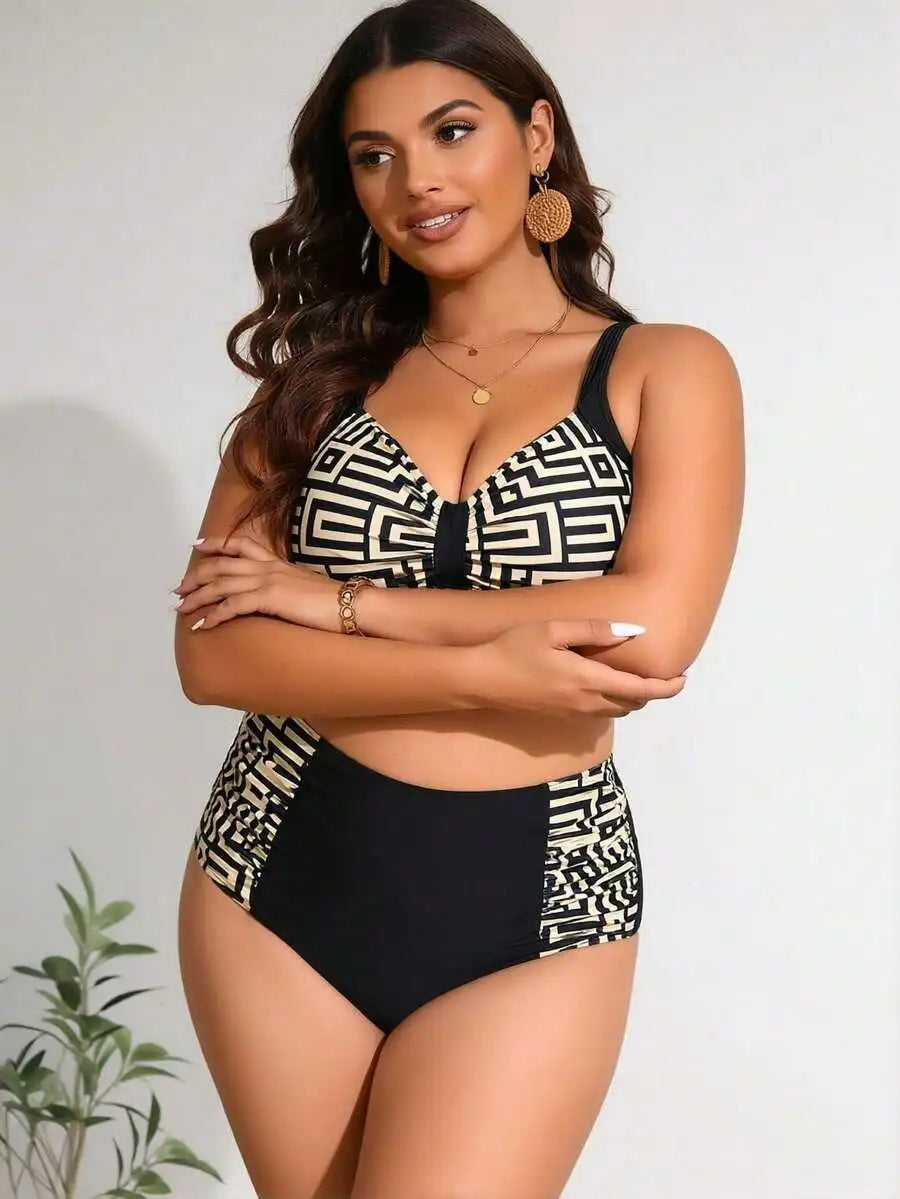 Geometric Print Two Piece Swimsuit With Crop Top For Women