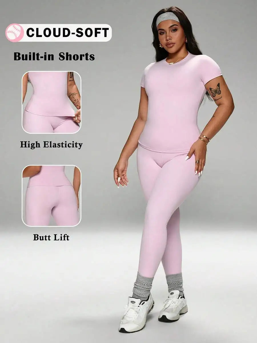 Pink 2-Piece Set Crew Neck T-Shirt High Waist Yoga Leggings Plus Size Activewear