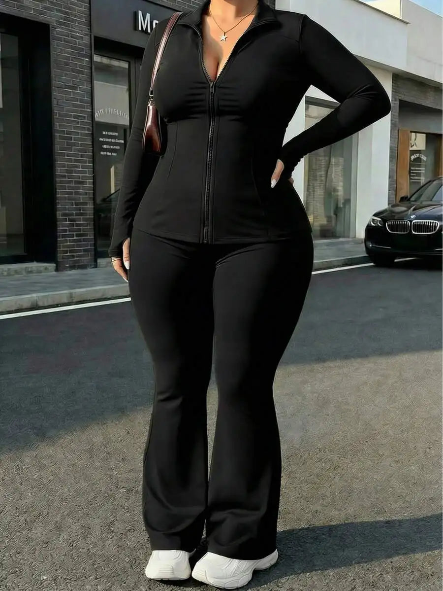 Plus Size Women Solid Color Long Sleeve Zip Up Top And Flared Pants Slim Fit Sportswear Set