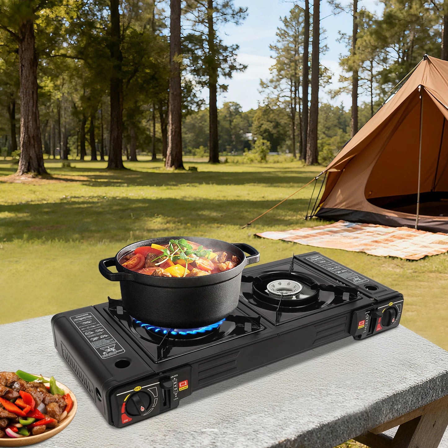 Portable Dual Fuel Camp Stove With Piezo Ignition And Non Stick Griddle