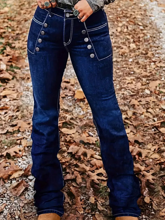 Plus Size Women's Blue Flare Jeans, Double Row Decorative Buttons, Contrast Stitching, Stretchy Denim Pants for Casual Style
