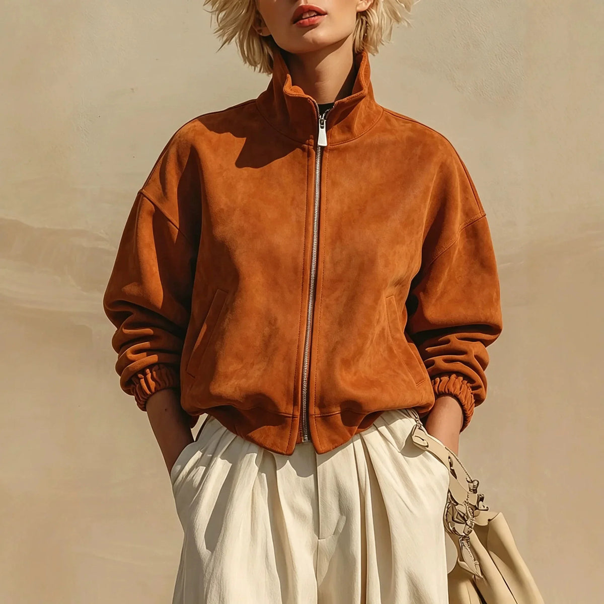 Women's Retro Suede Style Stand Collar Zipper Jacket Cinched Sleeves