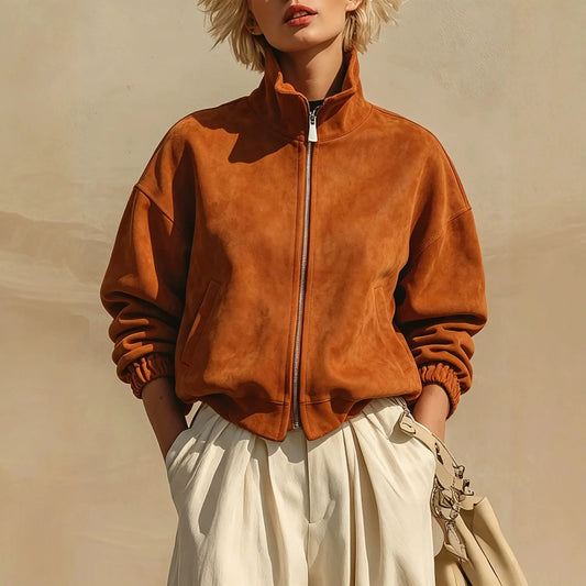 Women's Retro Suede Style Stand Collar Zipper Jacket Cinched Sleeves