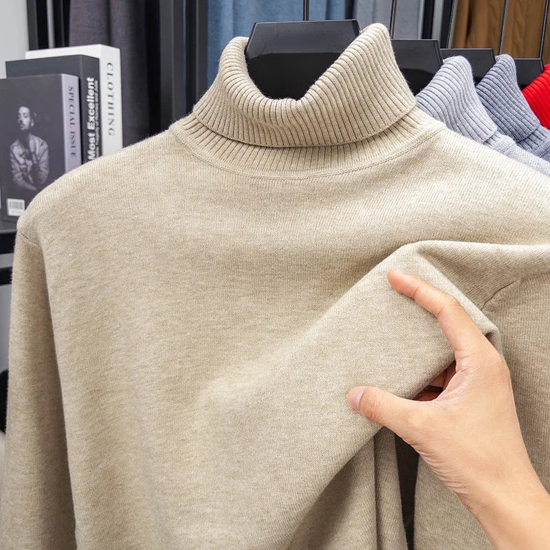 Autumn Mens High Quality Knitted Turtleneck Sweater Slim Fit Long Sleeve Anti-pilling Pullover Solid Color Trend Men Streetwea