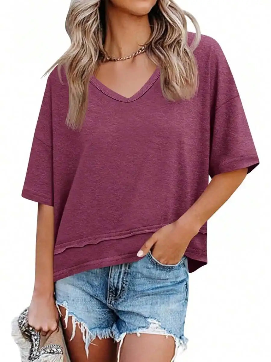 Womens V-Neck Loose Short Sleeve Flowy Top
