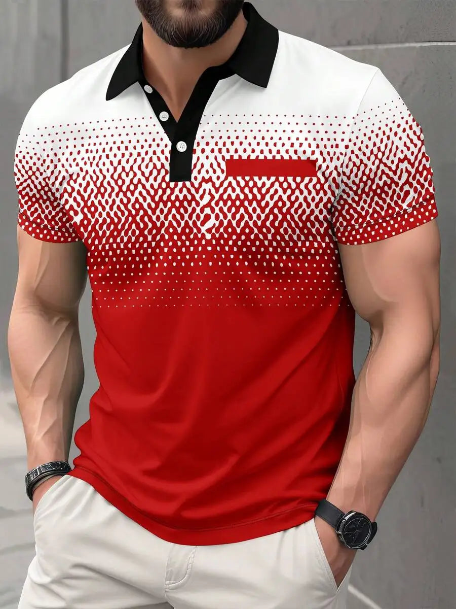 Men's Short Sleeve Polo Shirt with Gradient Dot Pattern, Business Casual Style