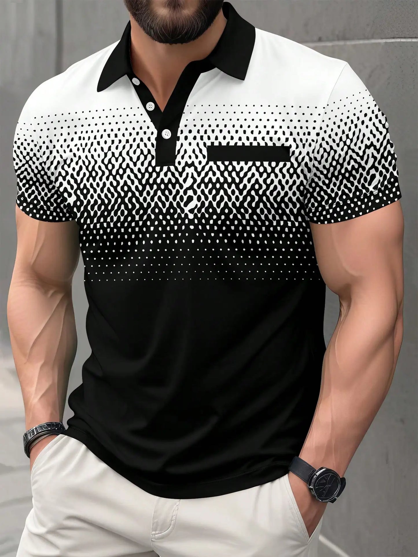 Men's Short Sleeve Polo Shirt with Gradient Dot Pattern, Business Casual Style