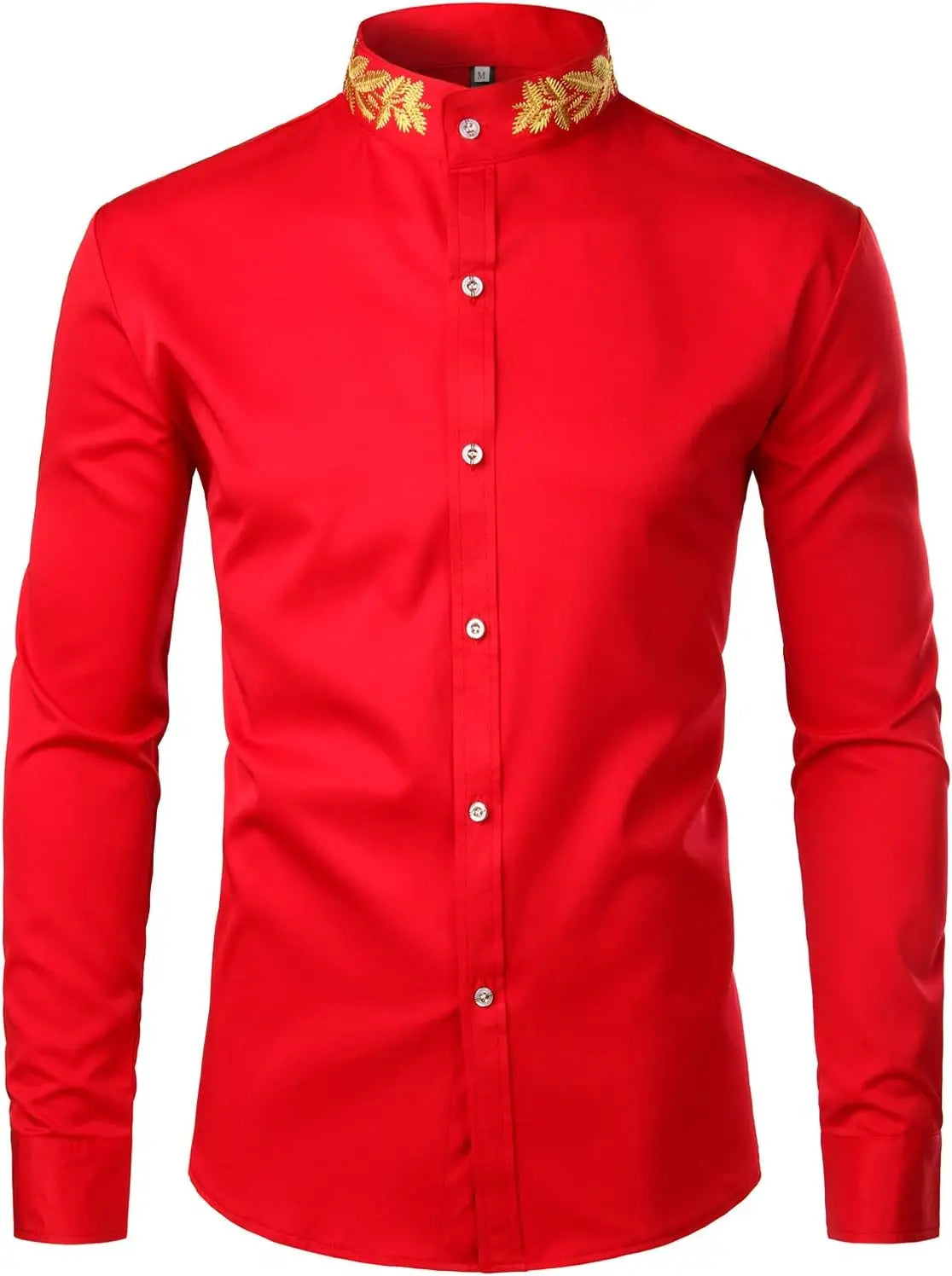 Men's Gold Embroidery Mandarin Collar Slim Fit Long Sleeve Shirt