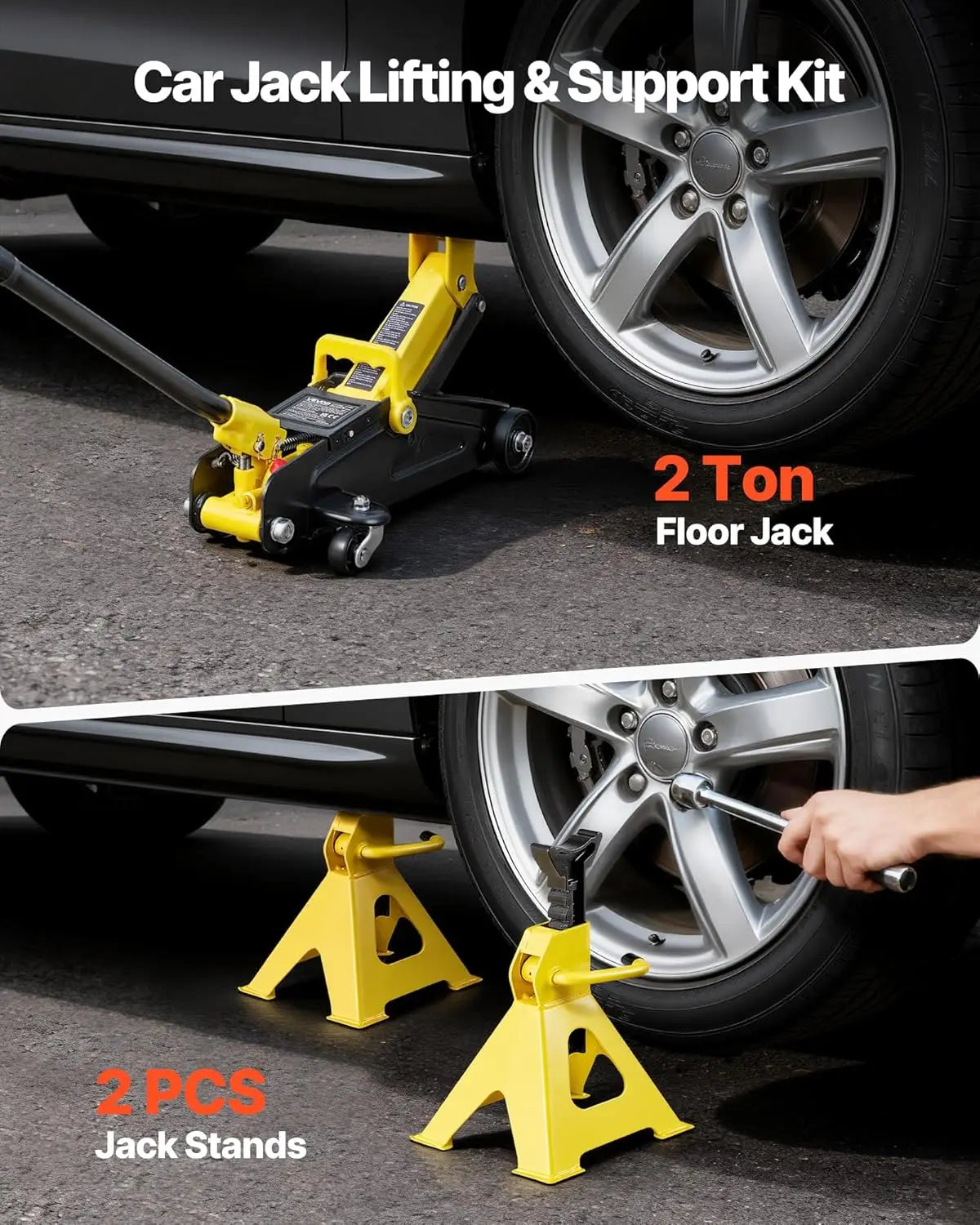 2 Ton Low Profile Floor Jack with Stands, 4400 lbs Capacity, Hydraulic Car Lift for Compact SUVs, Lifting Range 5.1-12.2 Inches