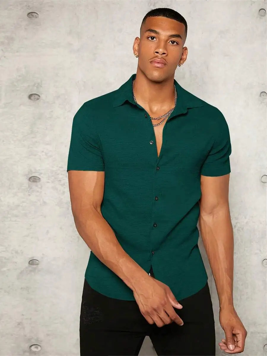 Manfinity VCAY Men Solid Button Front Shirt Cotton Dobby Knit