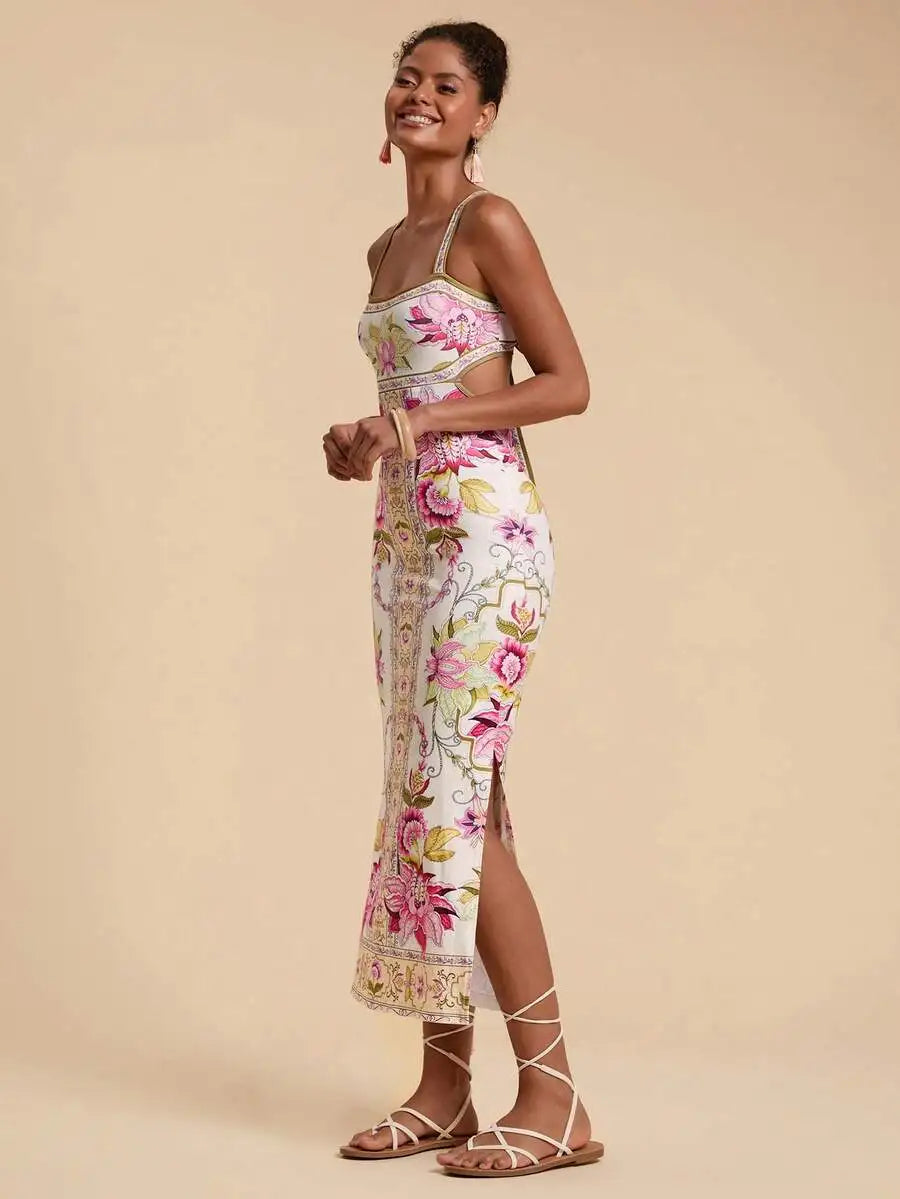 Womens Floral Print Fitted Spaghetti Strap Dress For Beach Party