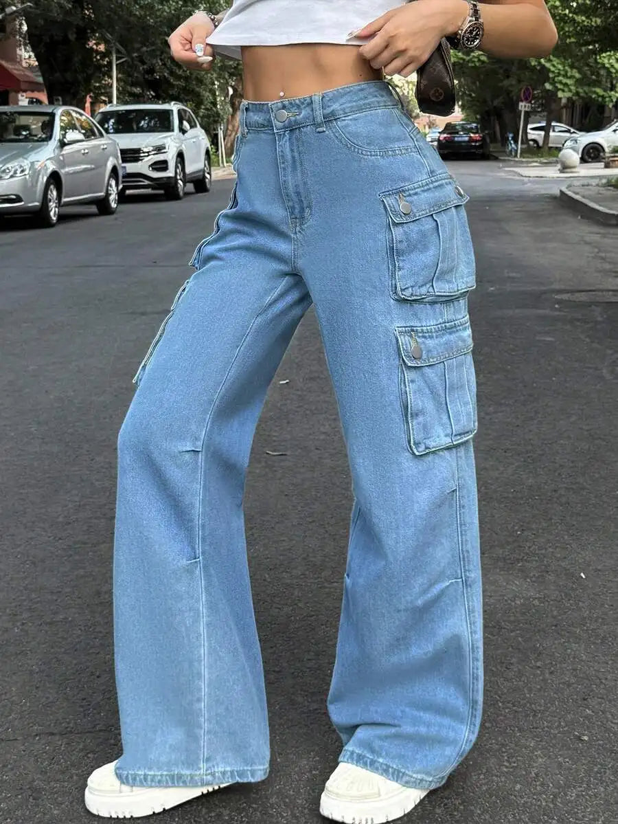 High-Waisted Wide Leg Cargo Denim Pants For Women