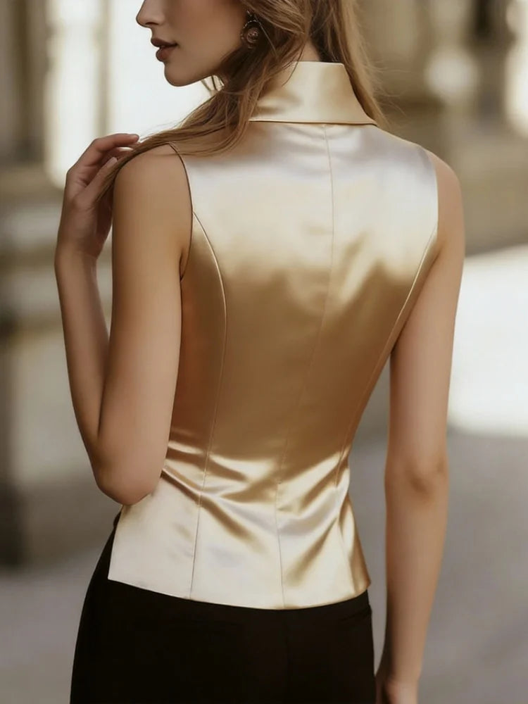 Women Elegant Lapel Collar Ruched Asymmetric Waistcoat
