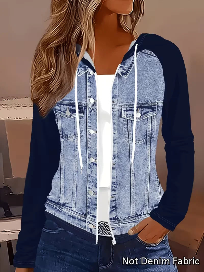 Women Hooded Faux Denim Jacket Featuring Zipper Front Design