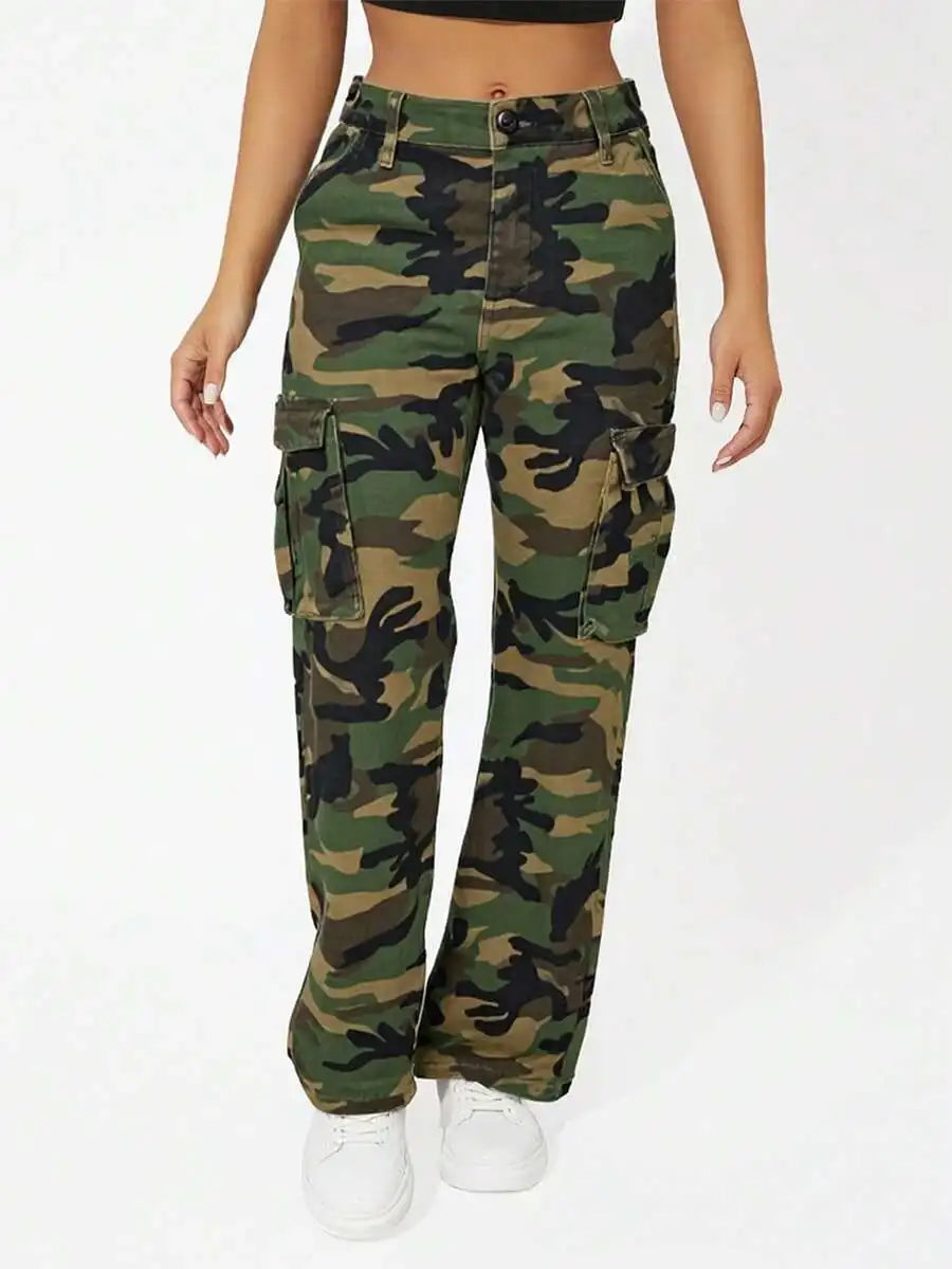 Women Camo Cargo Jeans Stretch Denim Pants With Multi Pockets