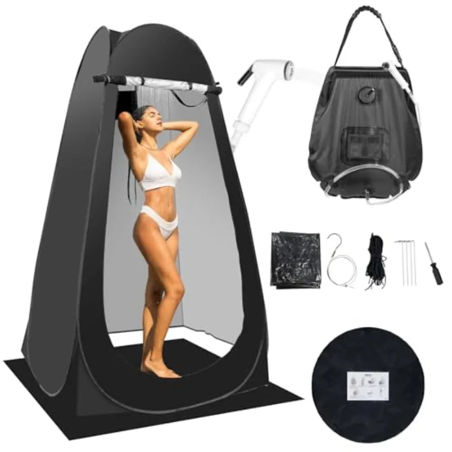 Portable Camping Privacy Tent, Outdoor Shower Tent Kit with 5 Gallon Shower Bag- Nozzle Upgraded