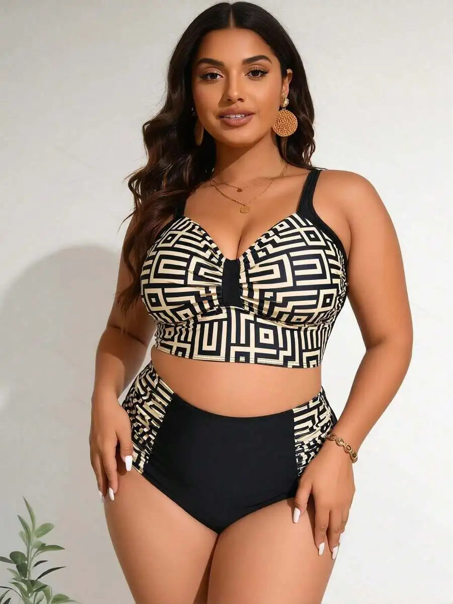 Geometric Print Two Piece Swimsuit With Crop Top For Women