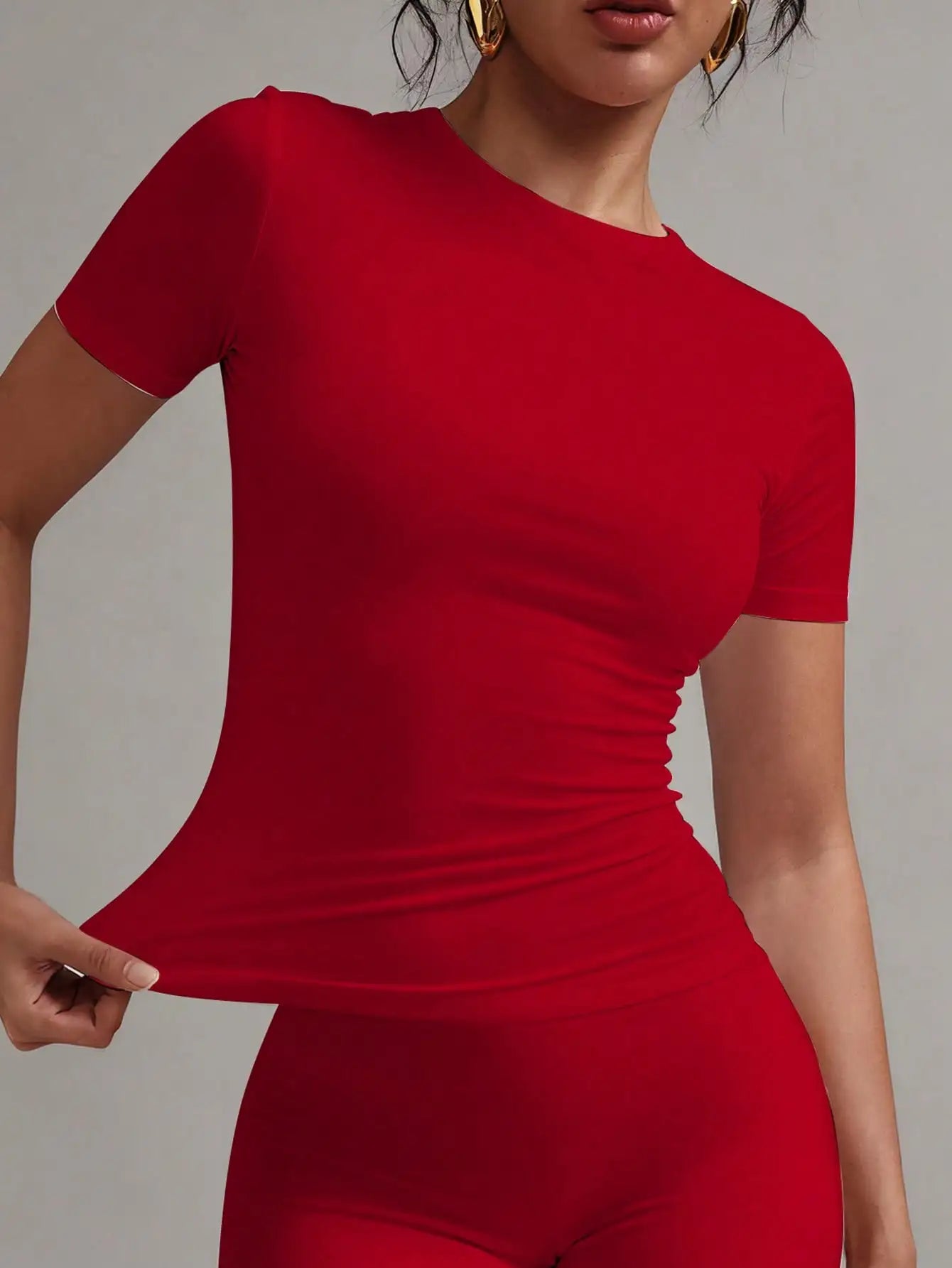 Womens Round Neck Short Sleeve Fitted T Shirt For Summer