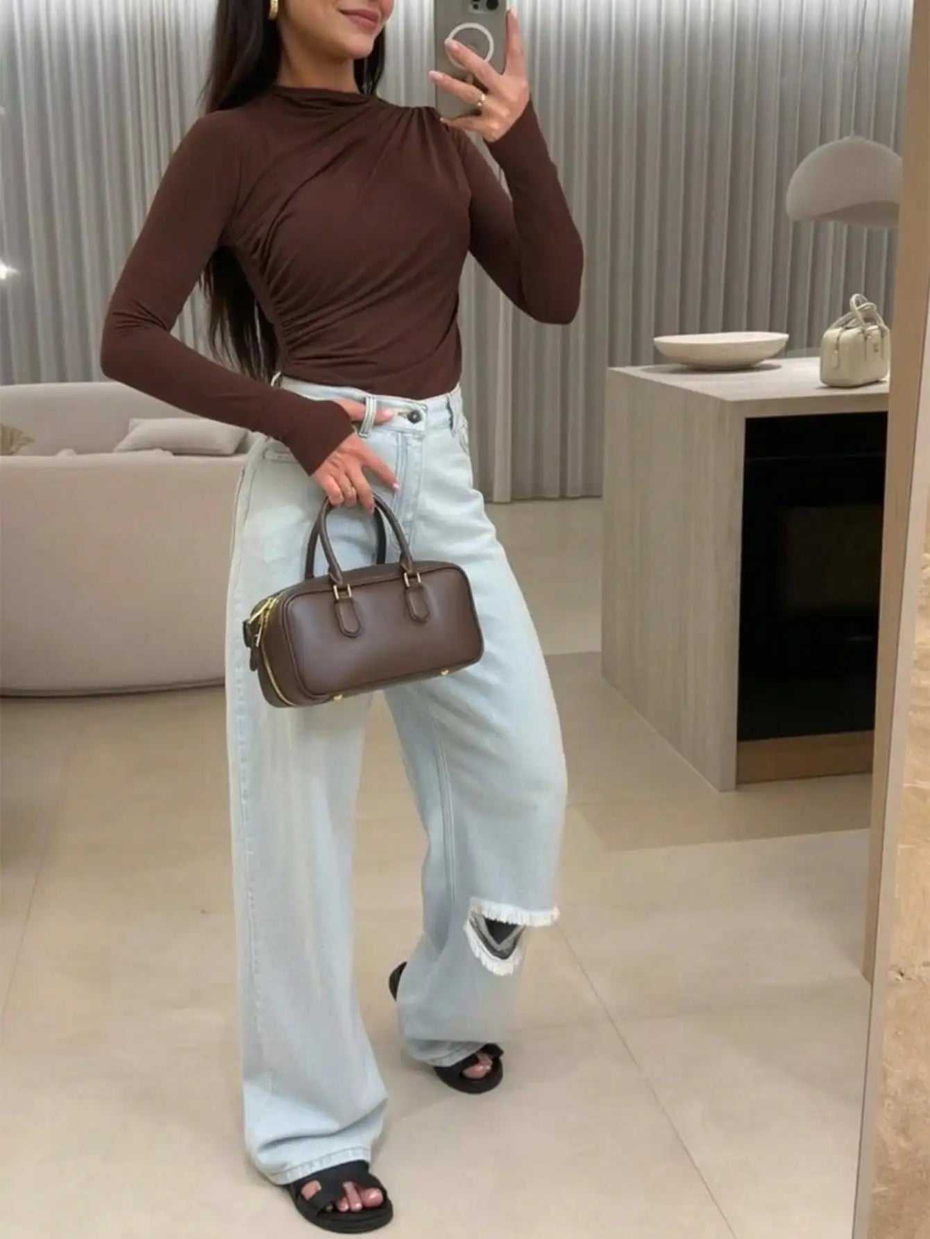 Fisoew women's Basic Tops Fall New Arrival  Early Autumn Versatile Slim Fit Thin Layering Tee Long Sleeve T-Shirt