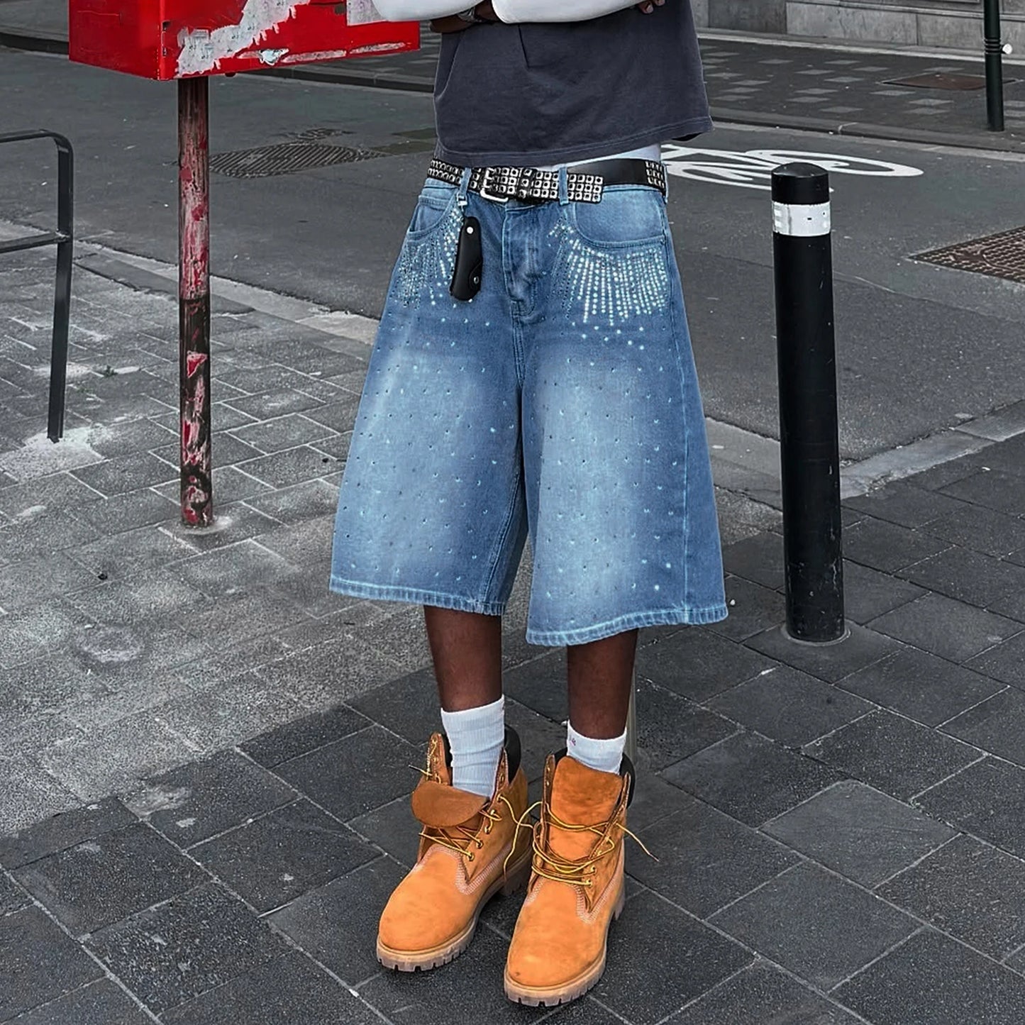 Mens Knee Length Denim Shorts With Distressed Detailing Frayed Hem