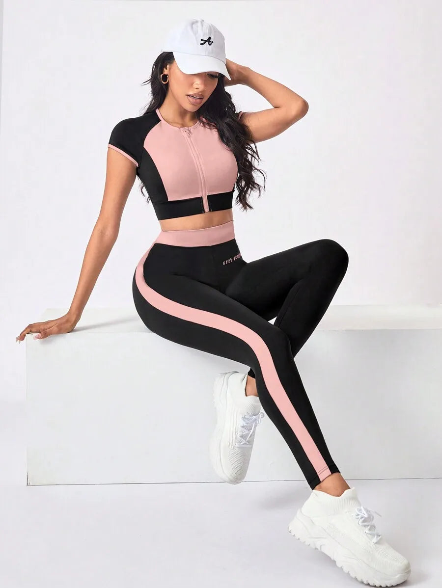 Contrast Color Short Sleeve Crop Top And High Waist Leggings Sport Set For Women