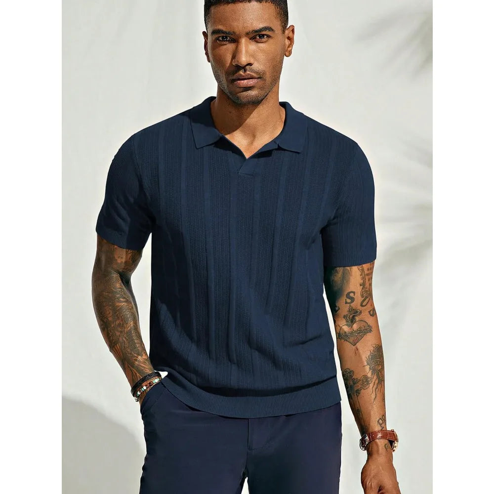Men's Navy Blue Short - Sleeve Knitted Polo Shirt - Vertical Ribbed Pattern - Comfortable And Stylish For Daily And Smart - Casual Wear