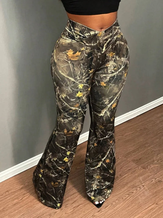 Women V Cross Waist Camo Flare Pants High Waist Casual Trousers