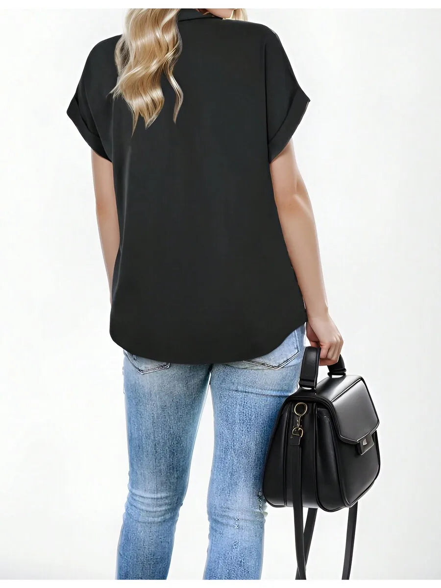 Womens Chiffon Short Sleeve Shirt With Turn Down Collar