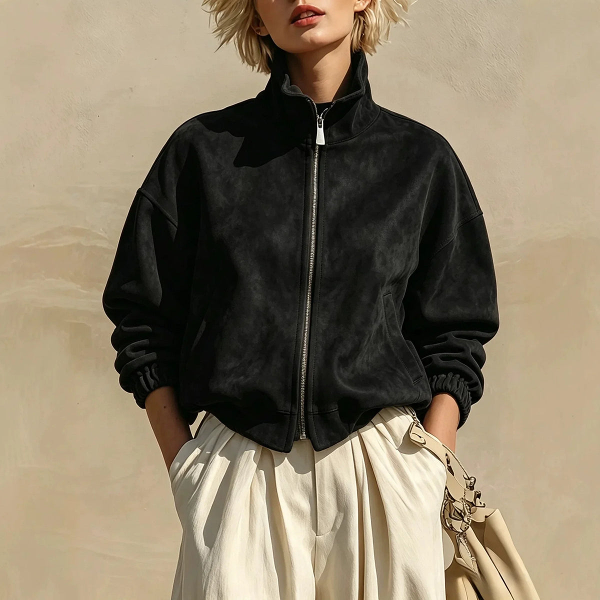 Women's Retro Suede Style Stand Collar Zipper Jacket Cinched Sleeves