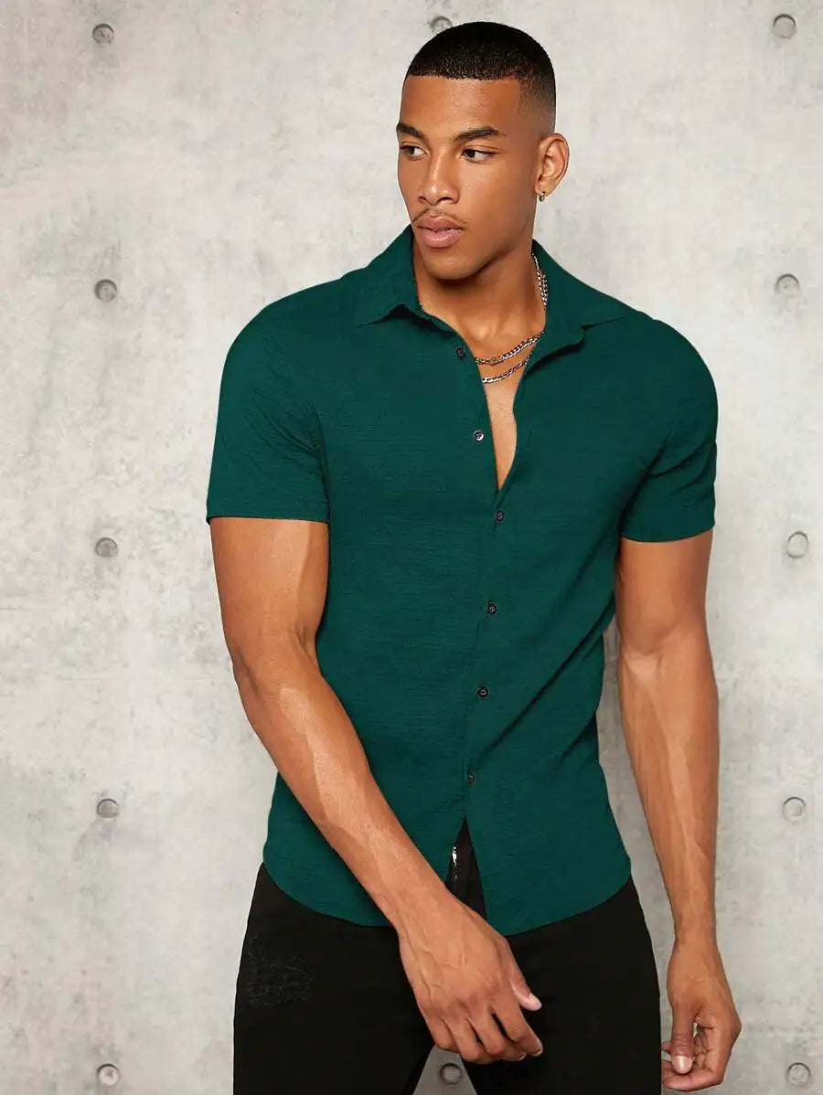 Manfinity VCAY Men Solid Button Front Shirt Cotton Dobby Knit