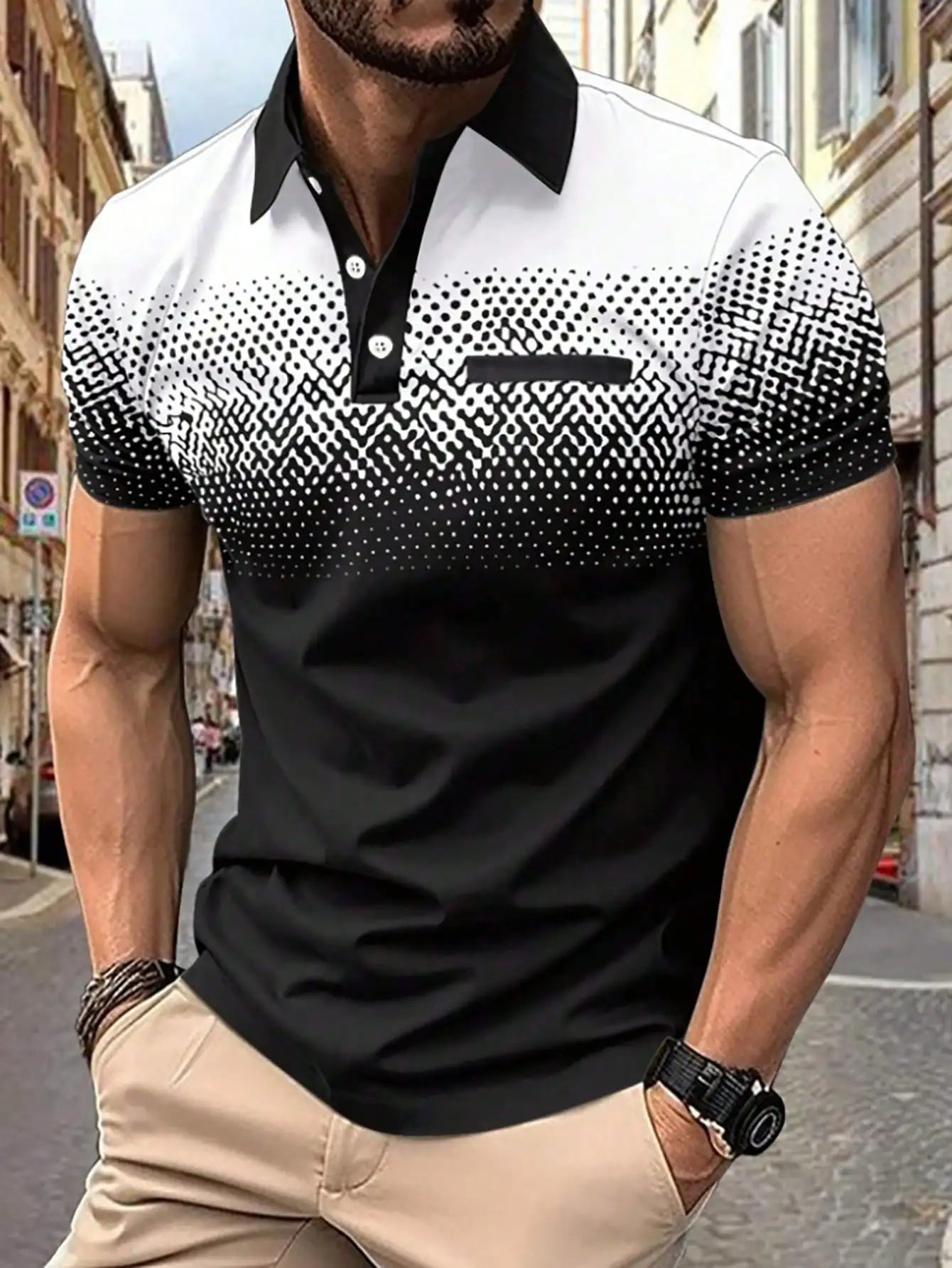 Men's Short Sleeve Polo Shirt with Gradient Dot Pattern, Business Casual Style