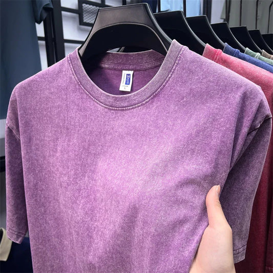Summer Men's Washed T-Shirts 230G Heavy Cotton Vintage Faded Color Oversized Unisex Basic Tee Short Sleeve Loose Workout Tops