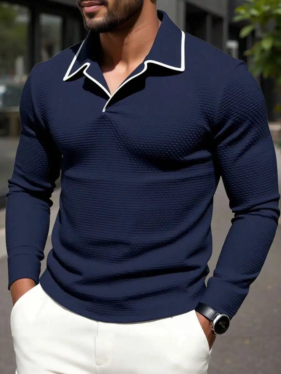 Men's Long Sleeve Textured Knit Polo Shirt - Solid White, Casual Business Wear
