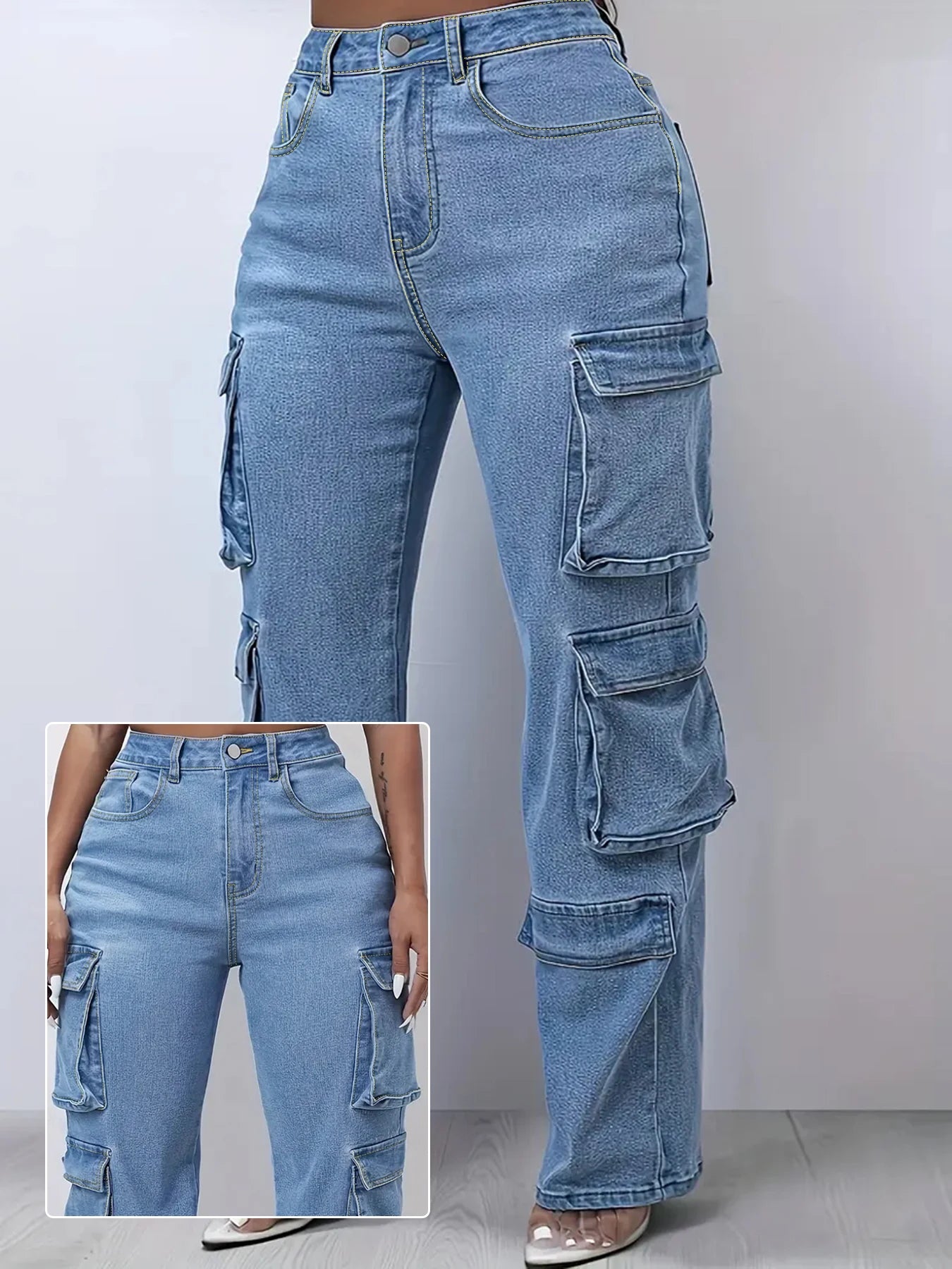 Plus Size Women's Mid Rise Light Wash Cargo Straight Jeans, Multi Flap Pockets, Casual Loose Fit Streetwear Denim Trousers