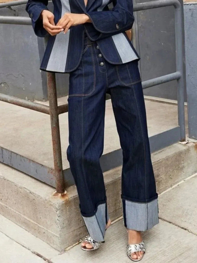 Women's Patchwork Denim Pants High Waisted Straight Leg Trousers