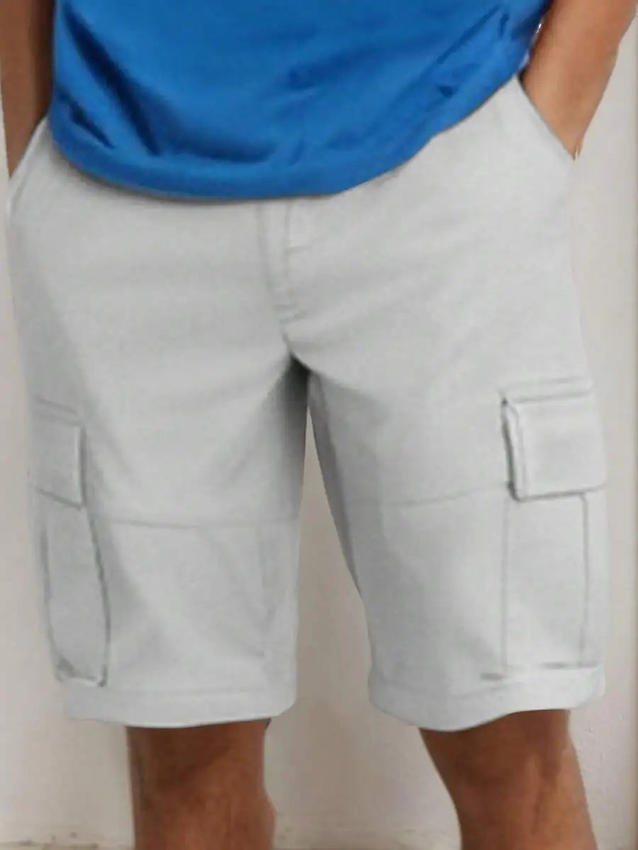 Men's Solid Color Cargo Shorts With Elastic Waist Pockets Summer