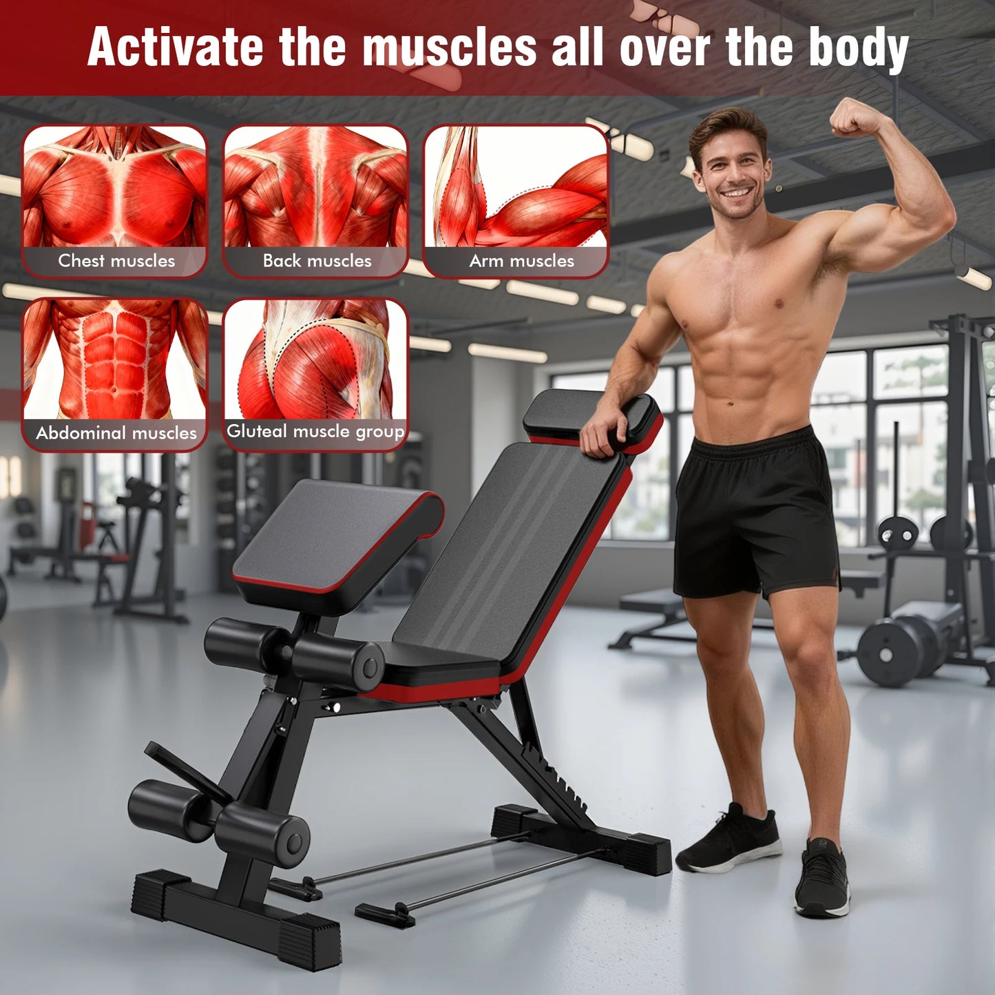 Foldable 7 Level Adjustable Weight Bench With Extended Headrest And Incline