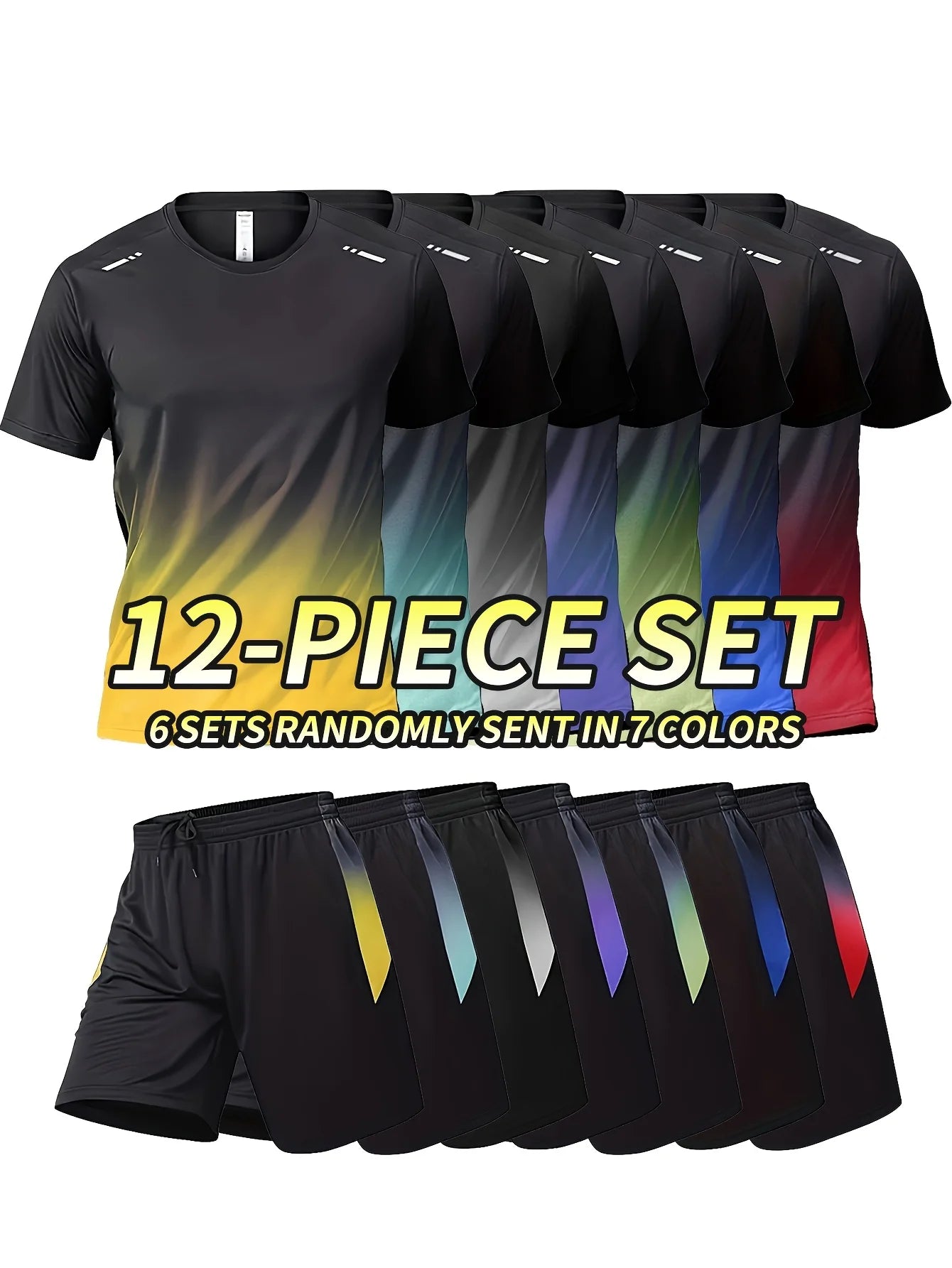12 pcs color random including 6 T-shirts+6 shorts  men's gradient short sleeved shorts breathable and quick drying casual fitnes