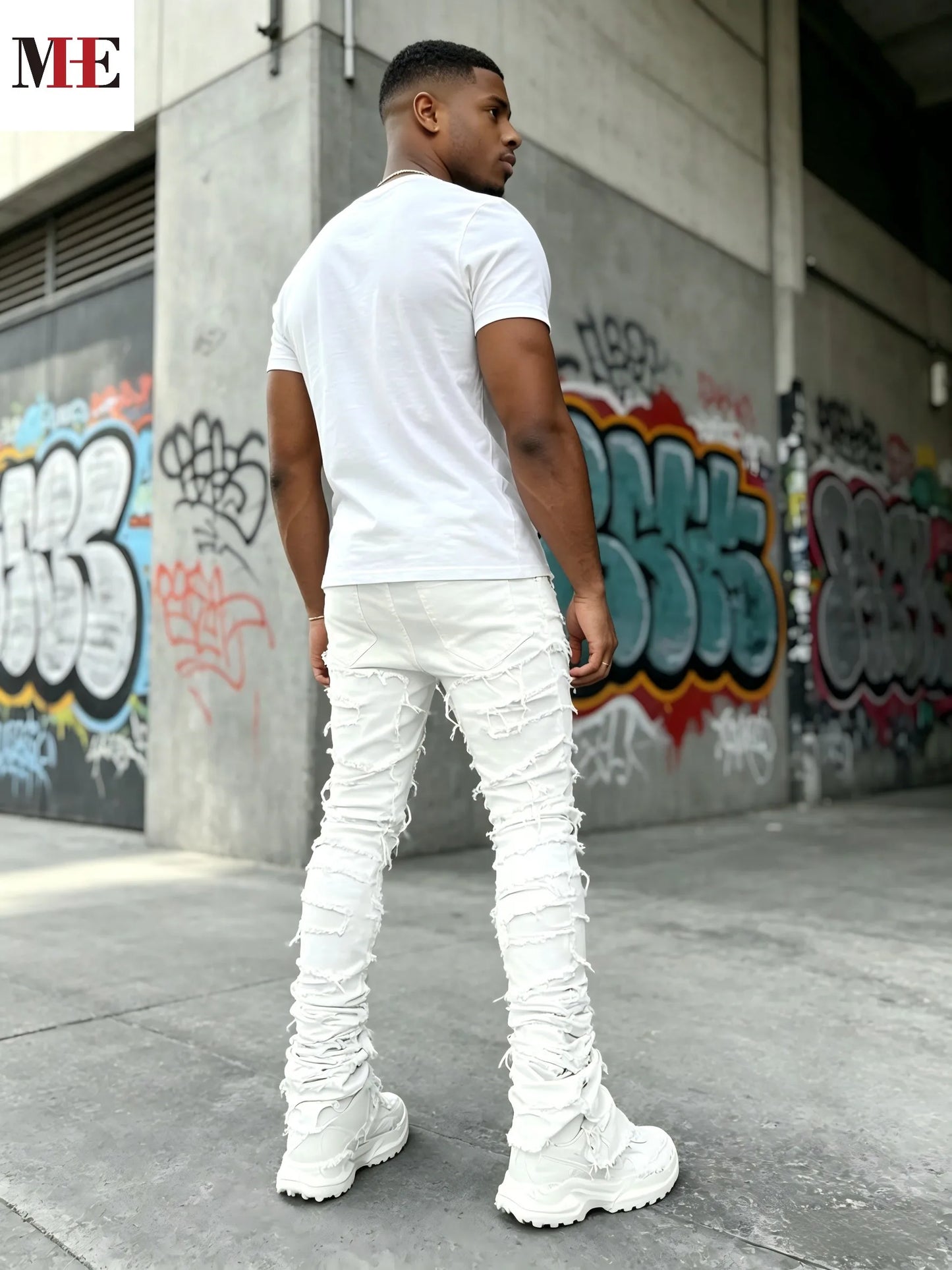 HME Men's White Denim Stacked Ripped Slim Flared Jeans