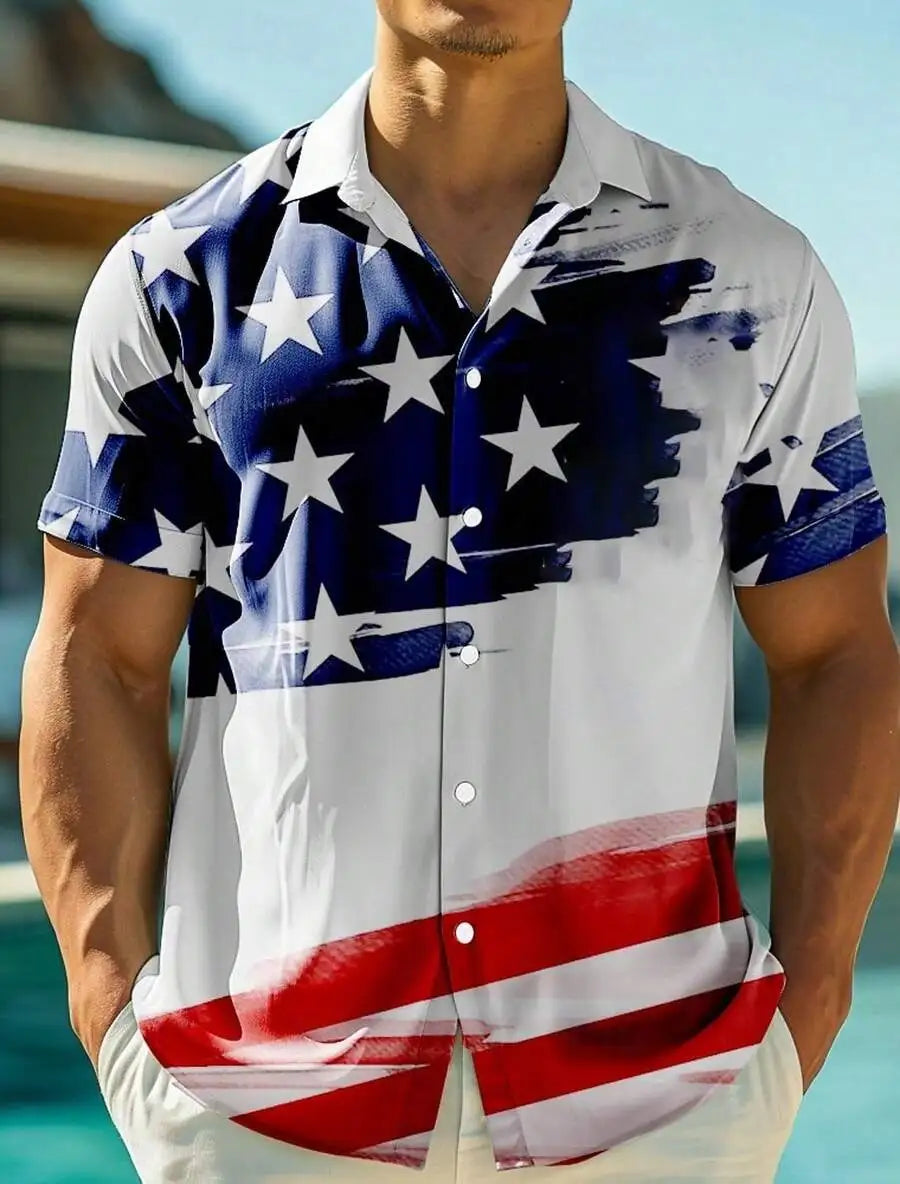 Patriotic American Flag Print Men's Short Sleeve Button Up Shirt