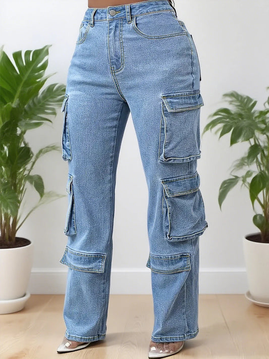 Plus Size Women's Mid Rise Light Wash Cargo Straight Jeans, Multi Flap Pockets, Casual Loose Fit Streetwear Denim Trousers