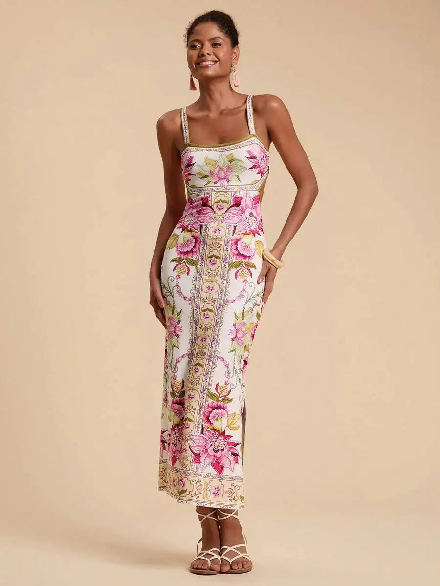 Womens Floral Print Fitted Spaghetti Strap Dress For Beach Party