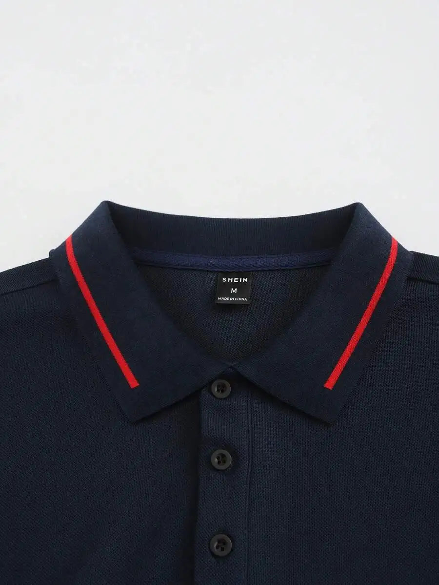 Navy Blue Men's Polo Shirt with Red Trim Collar and Cuffs, Short Sleeve Casual Summer Top