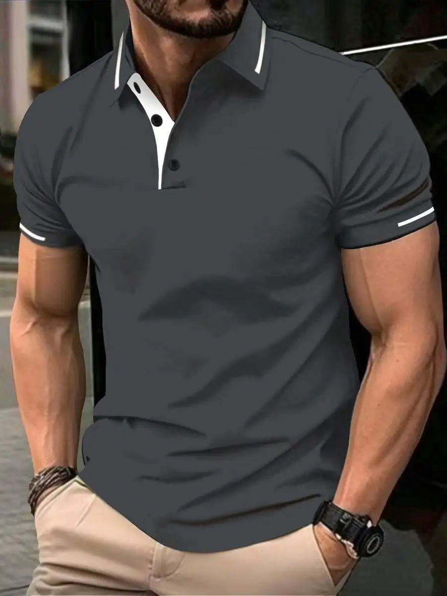 Navy Blue Men's Polo Shirt with Red Trim Collar and Cuffs, Short Sleeve Casual Summer Top