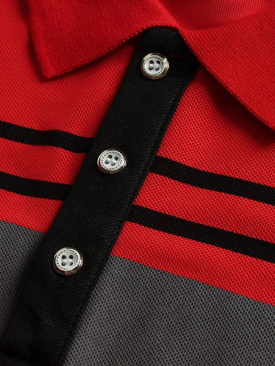 Men's Red Short Sleeve Polo Shirt with Black and Gray Stripe Contrast Trim