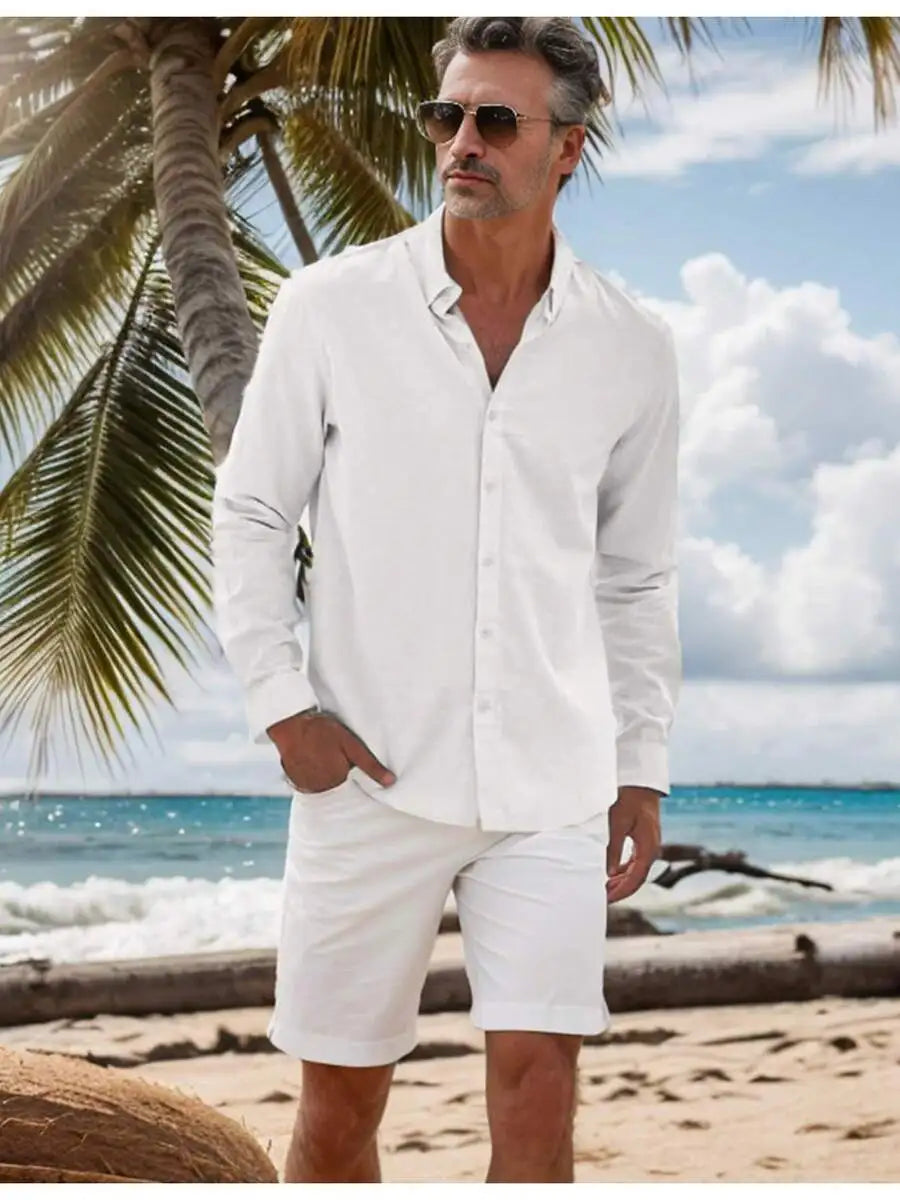 Mens Cotton Linen Button Down Shirt Solid Color Casual Long Sleeve Beach Shirt