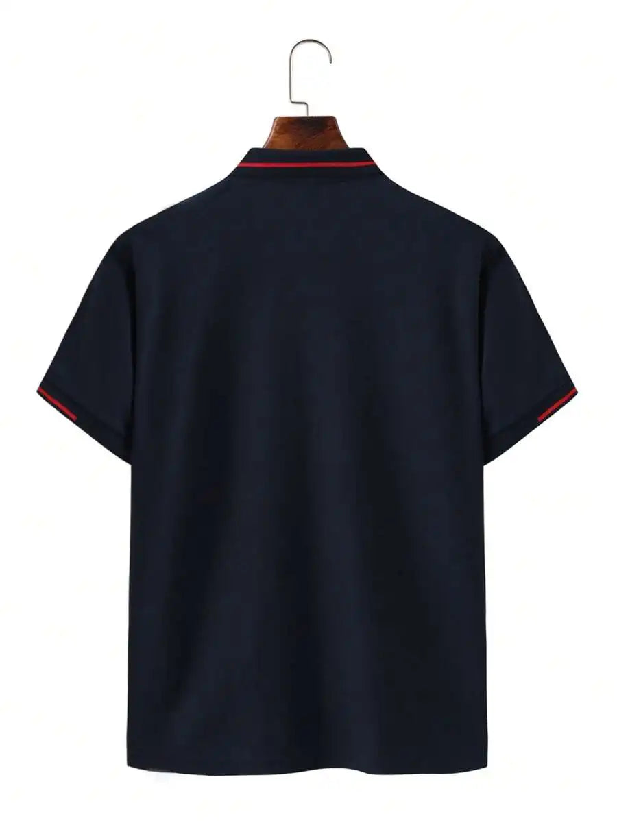 Navy Blue Men's Polo Shirt with Red Trim Collar and Cuffs, Short Sleeve Casual Summer Top