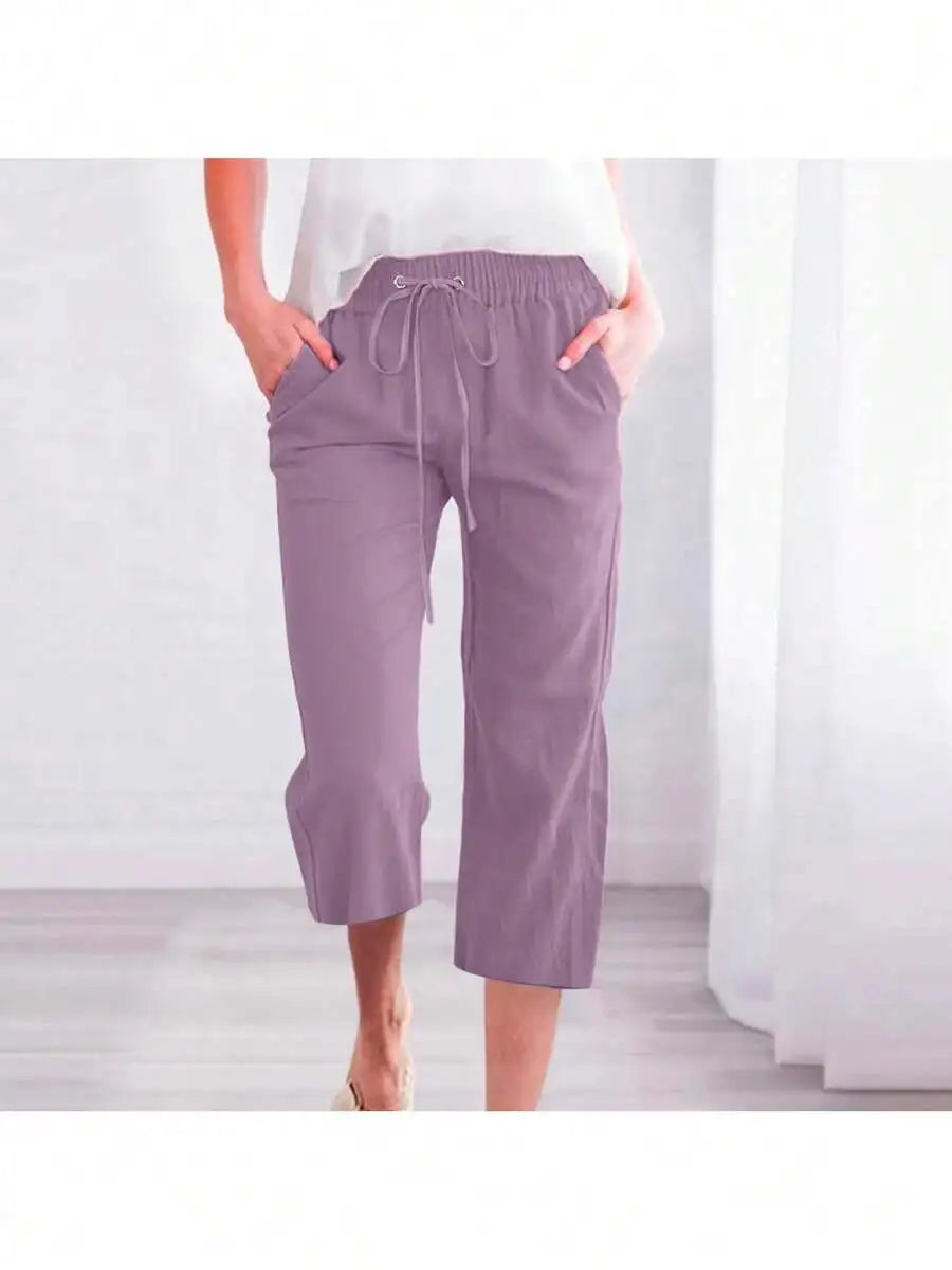 Womens Summer Elastic High Waist Linen Cotton Blend Drawstring Capris